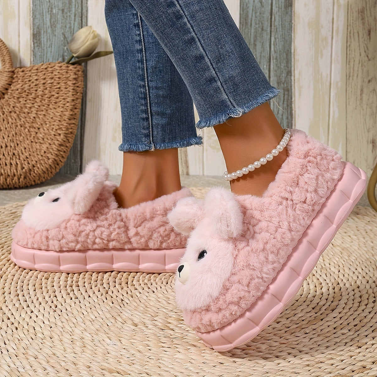 Женские плюшевые тапочки с принтом животных и подошвой из EVA, комфорт круглый год