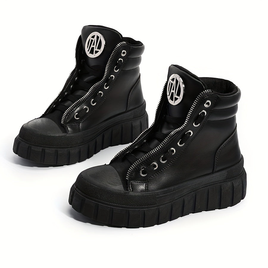 Women's Black High-Top Platform Boots with Zipper and Metallic Accents