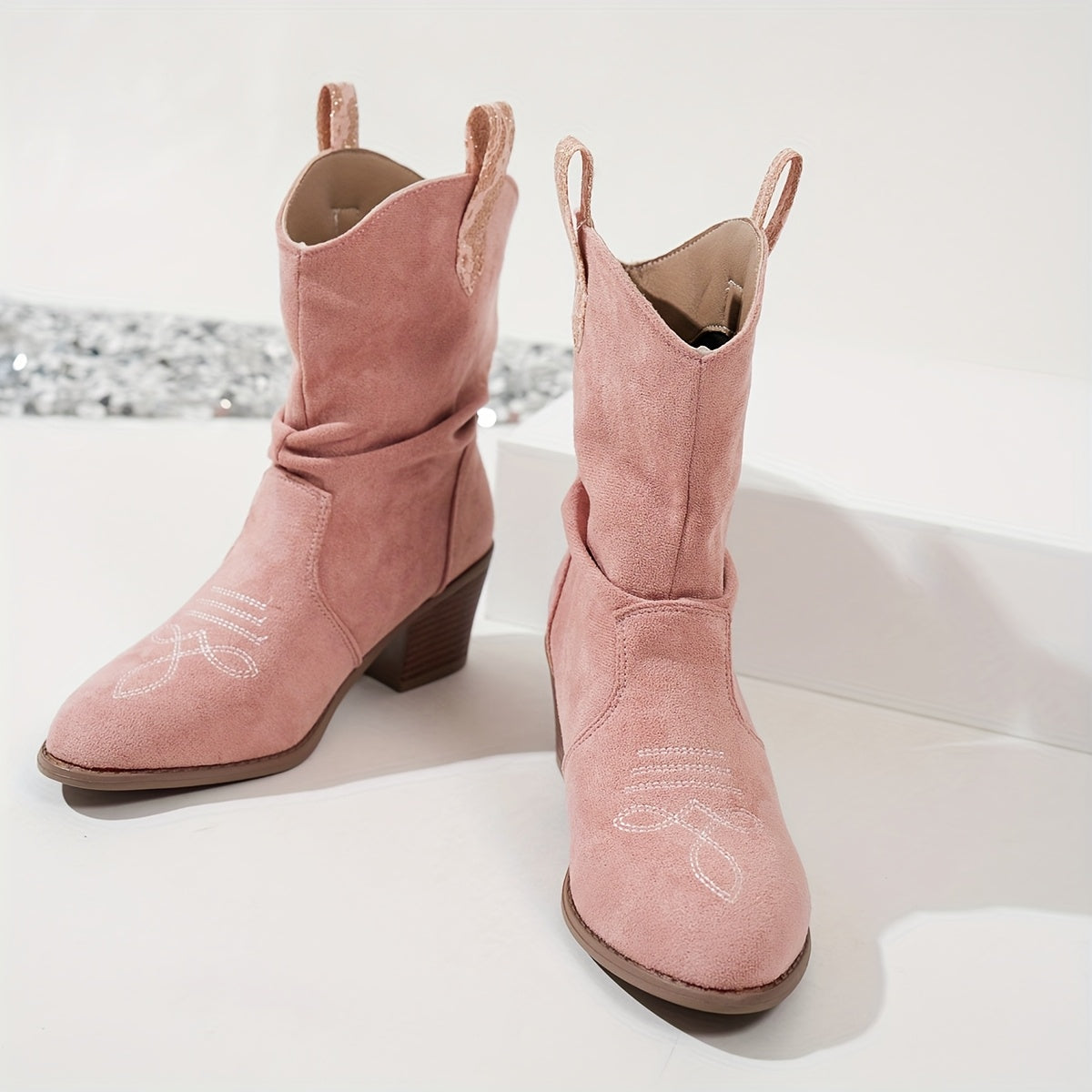 Women's Pink Knit Embroidered Slip-On Western Boots with Chunky Heels