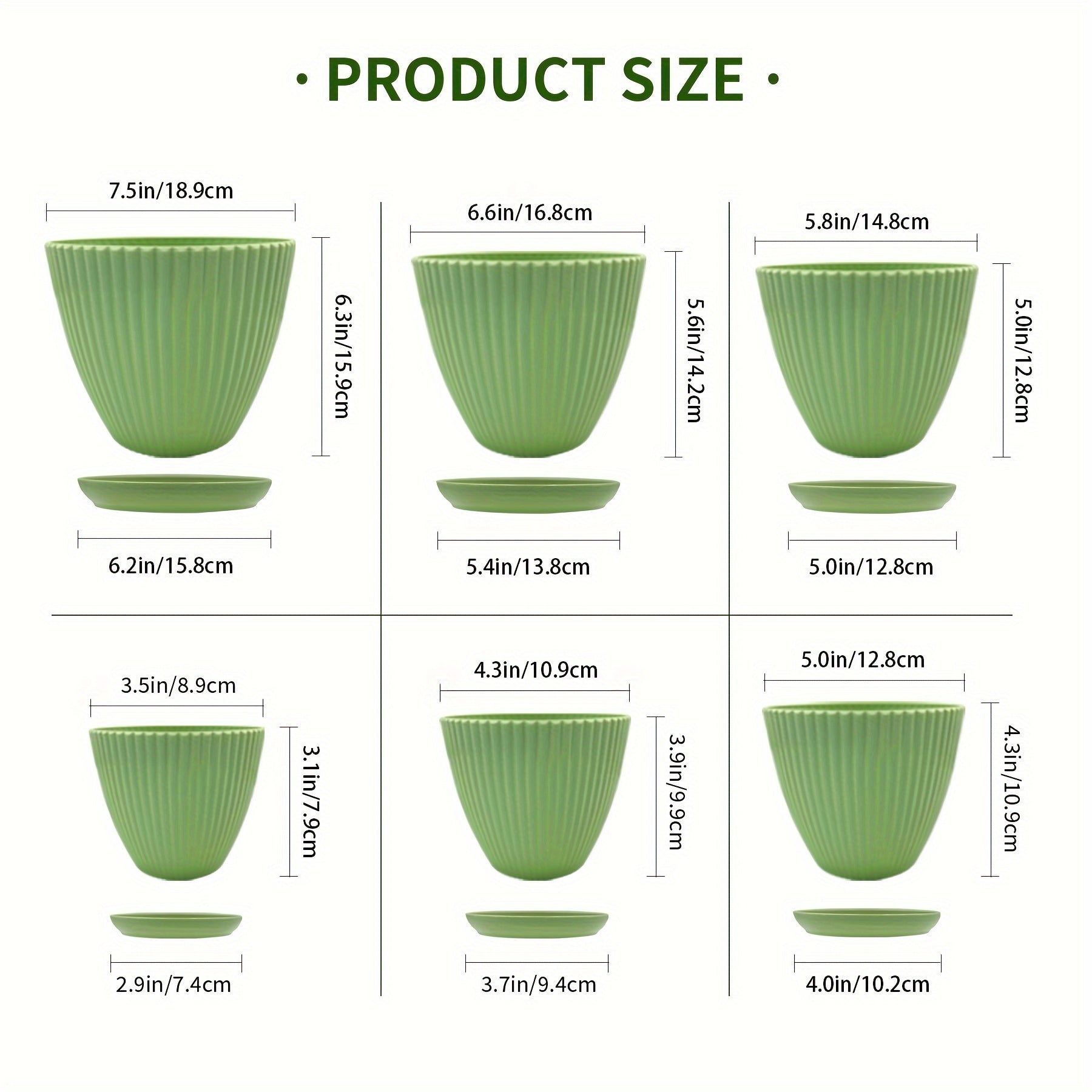 6 ta plastik gul idishlari va tagliklar, 6 o'lchamda ichki va tashqi bog'lar uchun planters