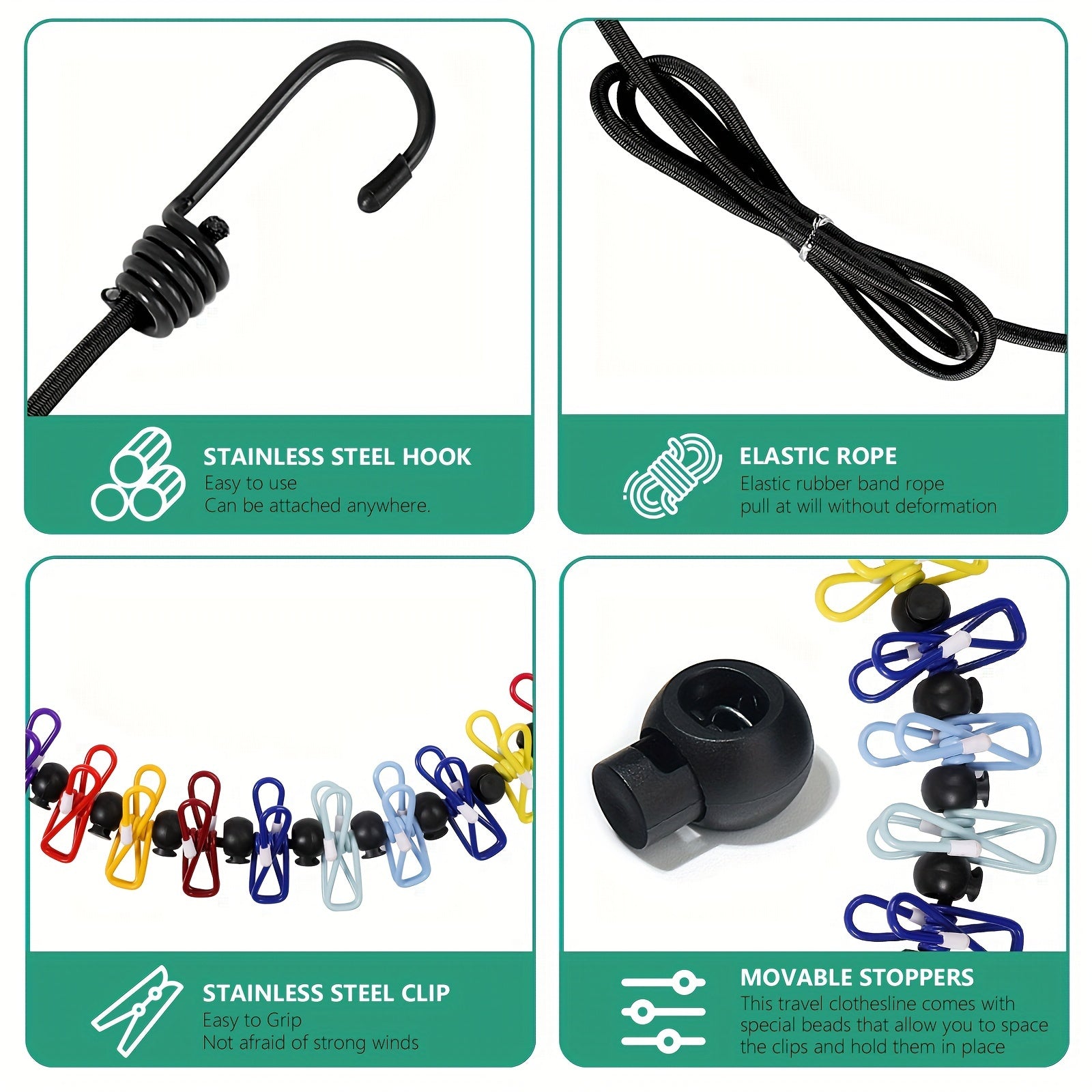 Portable Retractable Clothesline with 2 Towels and 12 Clothespins for Indoor Outdoor Use