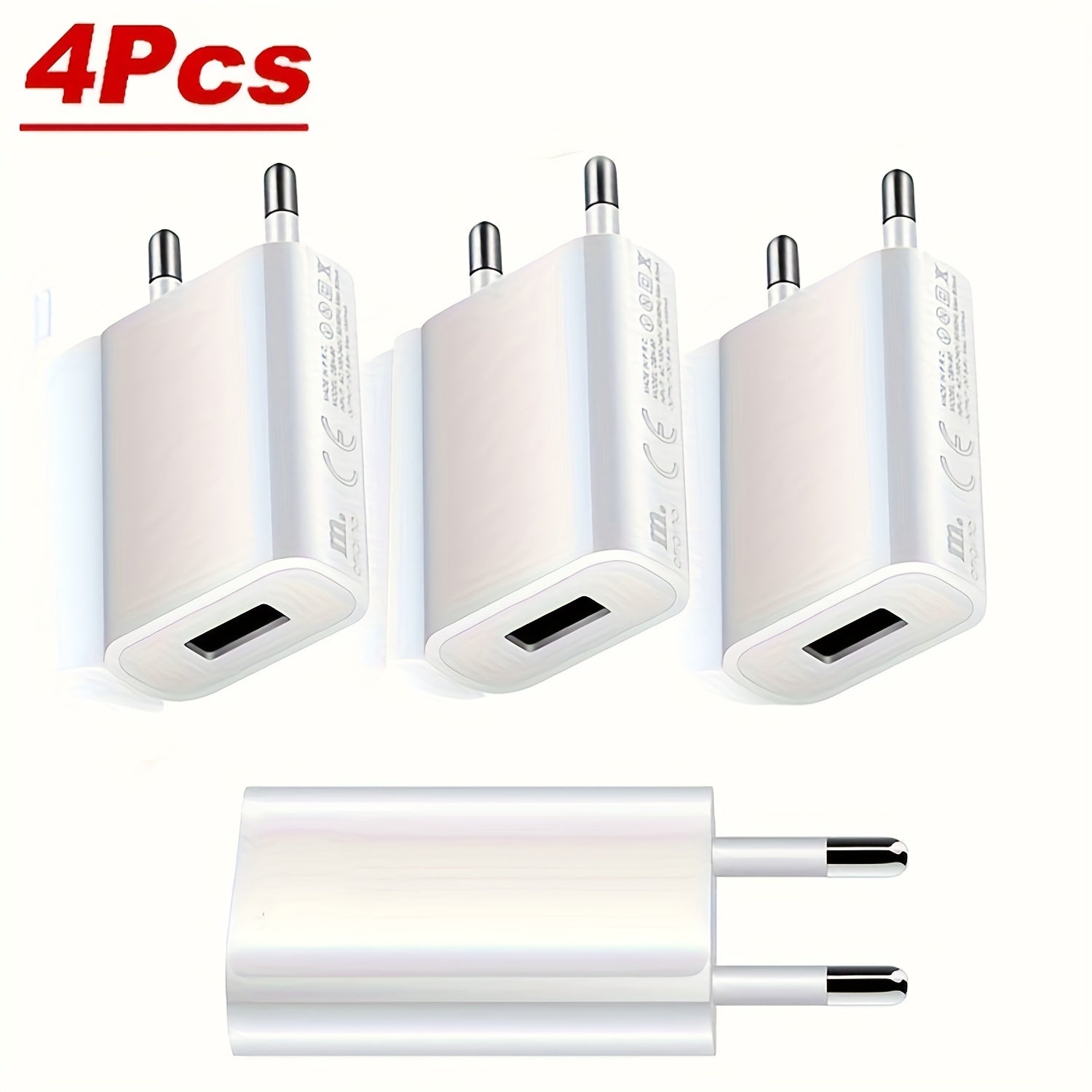 Set of Four White 5V 1A USB Wall Chargers for Mobile Phones and Devices
