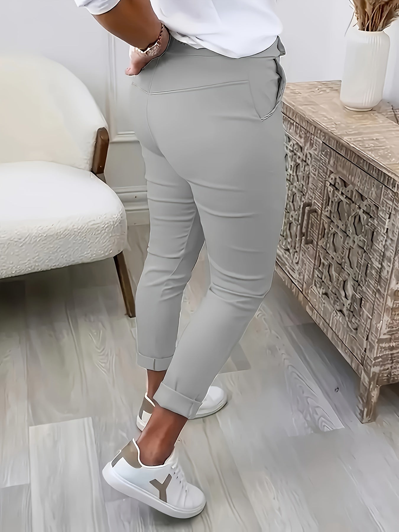 Pantalones ajustados de talla grande para mujer de color sólido, poliéster, punto, elasticidad media, cintura elástica, bolsillos