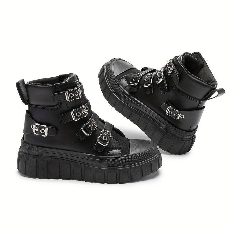 Women’s Black Motorcycle Boots with Metal Buckles and Thick Sole
