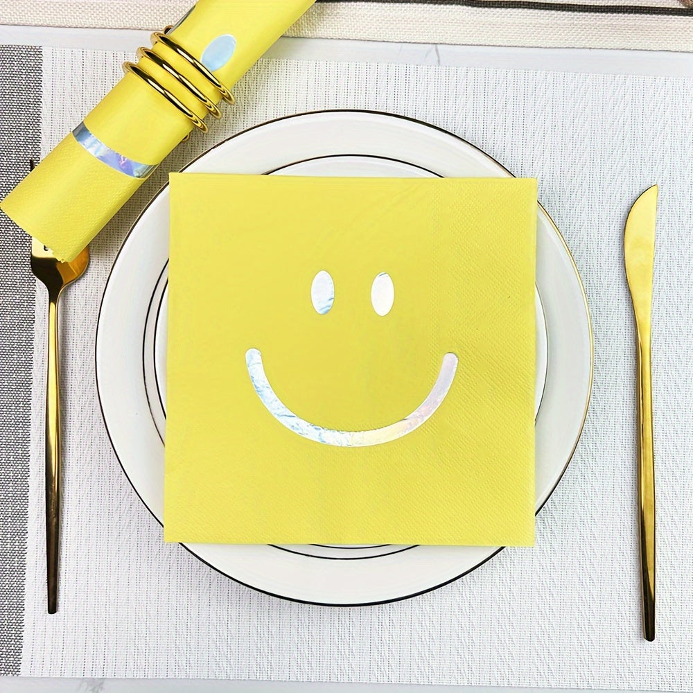 Set of 20 Yellow Smiley Face Disposable Napkins 2-Ply Paper 33 cm for Parties
