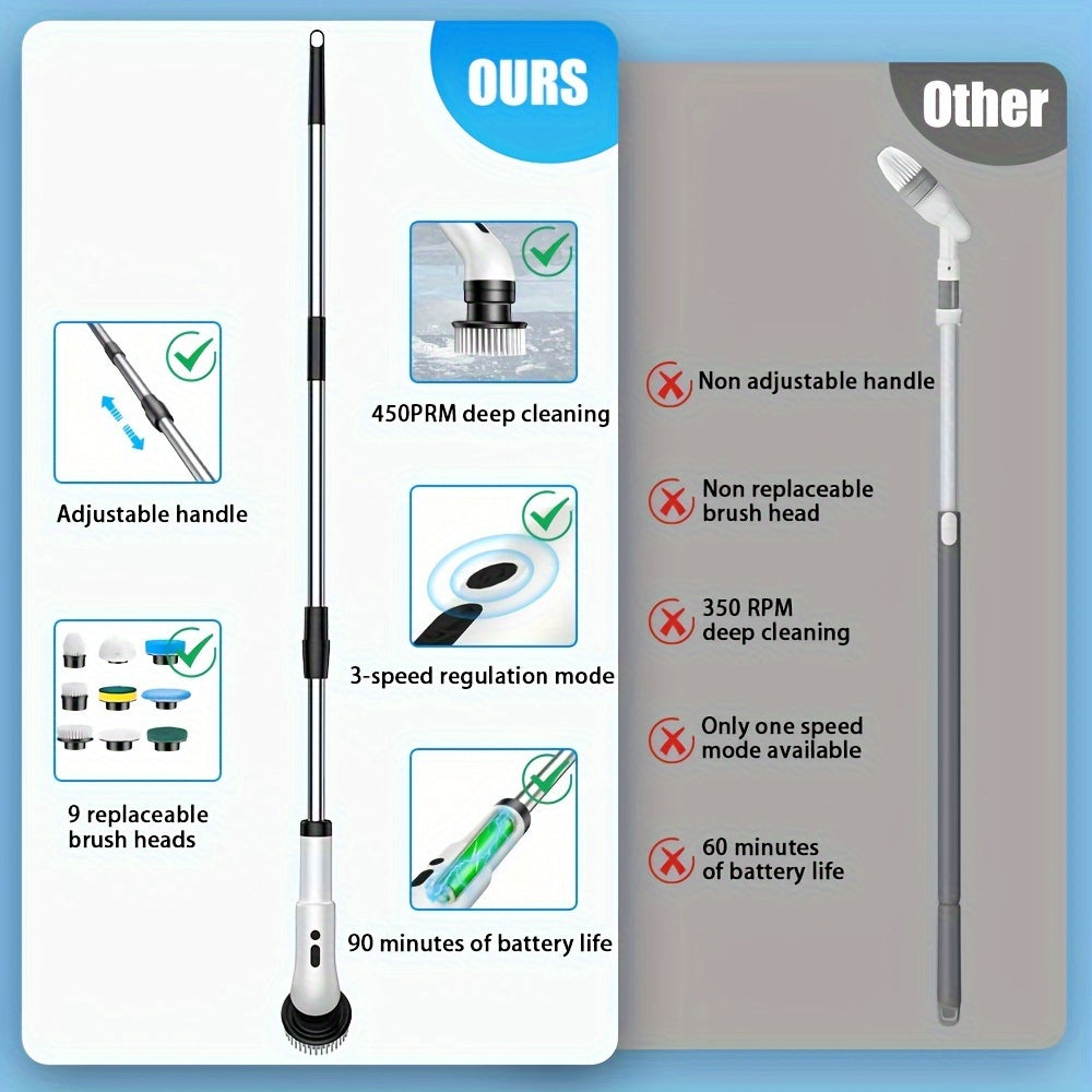 Electric Cordless Rotating Cleaning Brush with 3 Speeds and Replaceable Heads for Tiles Bathtubs and Sinks