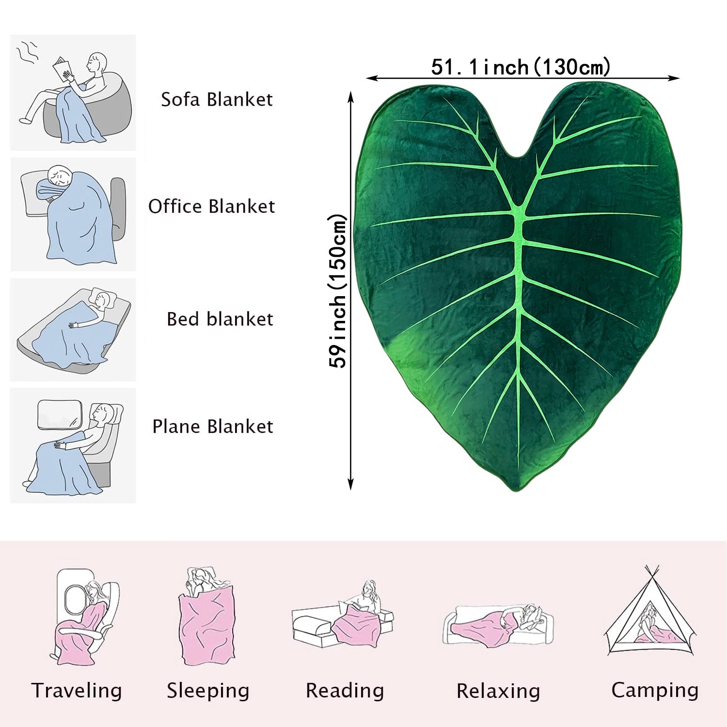 Green Leaf-Shaped Blanket with Digital Printing Cozy Couch Bed Sofa Throw