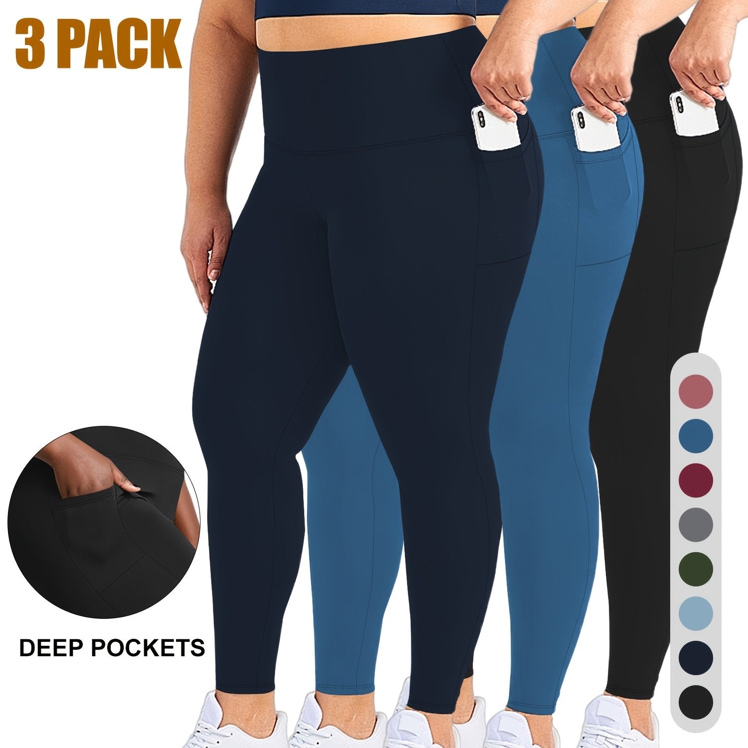 Plus Size High Waist Capri Leggings for Women 3 Pack, Stretchy Knit