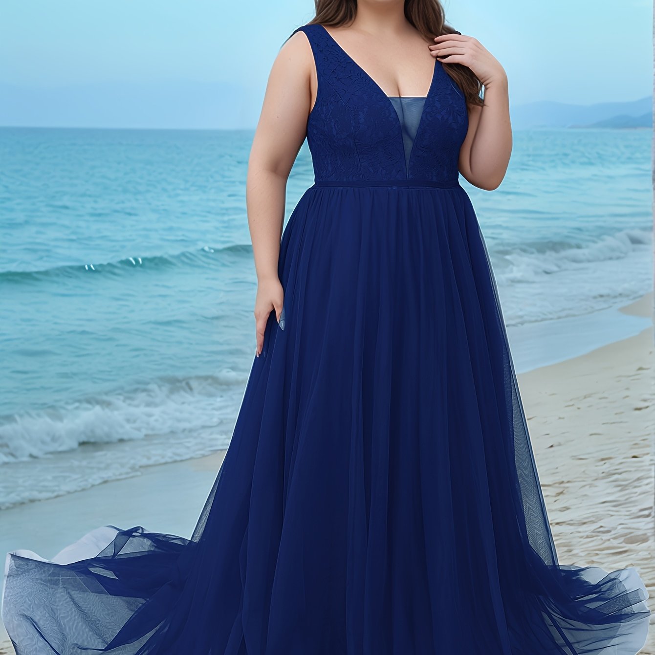 Plus Size Women's Lace Panel V-Neck Wedding Evening Gown Formal Maxi Dress