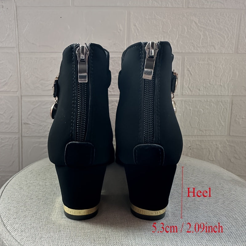 Black Mesh Ankle Boots with Chunky Heel and Zipper for All Seasons