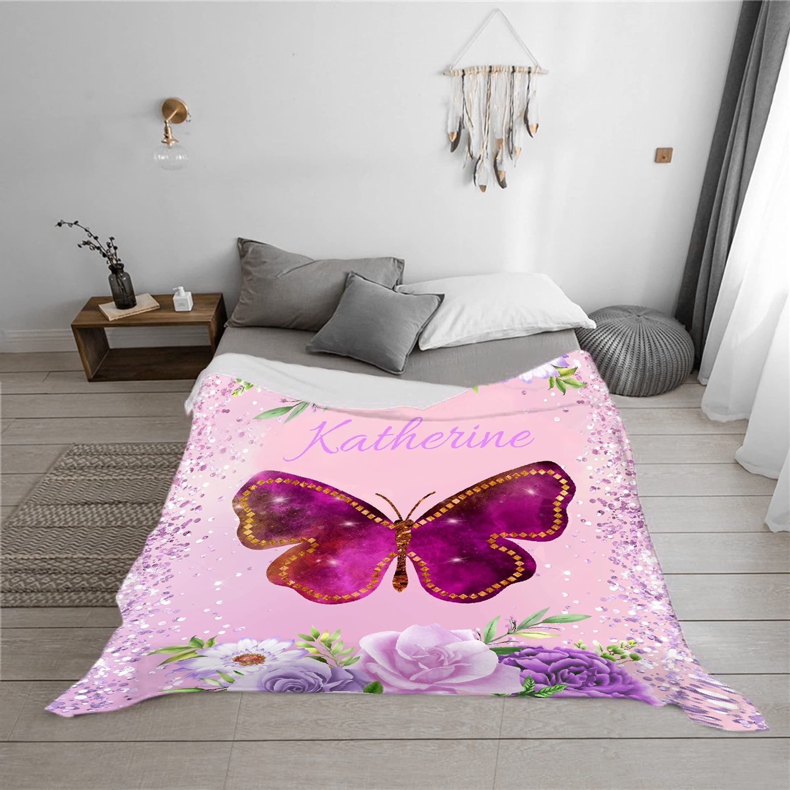 Personalized Butterfly Floral Print Flannel Blanket Hypoallergenic Cozy for All Seasons