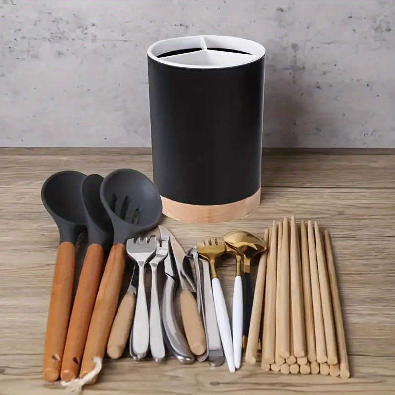 Durable 3-Compartment Plastic Kitchen Utensil Holder with Removable Dividers