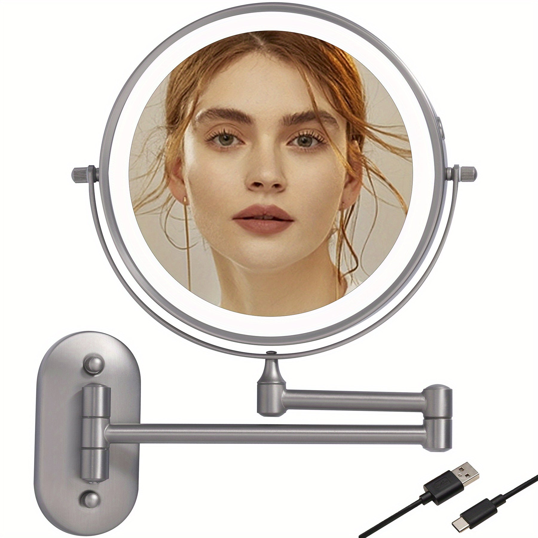 LED Dual-Sided Wall Mount Makeup Mirror with Adjustable Brightness and Foldable Swivel Arm