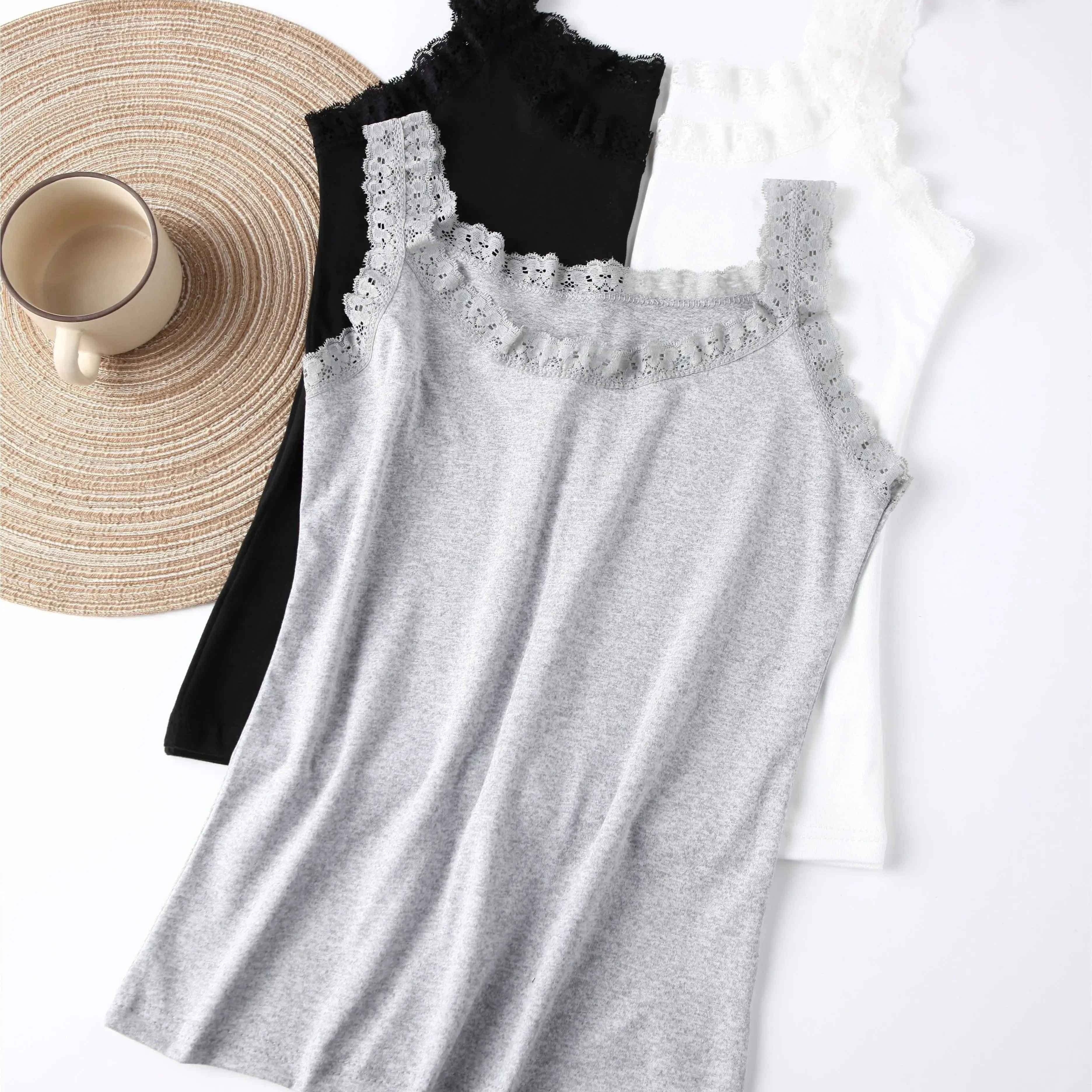 Set of 3 Women's Lace Trim Tank Tops Soft Nylon Blend Solid Colors Casual Wear