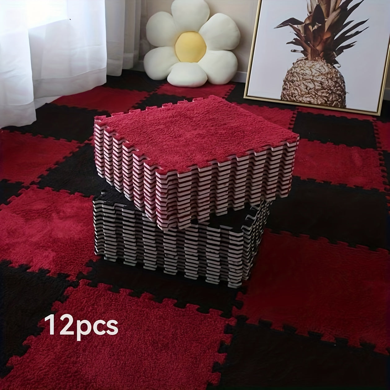 12pcs Square Flower Pattern Plush Area Rugs Set Washable Non-Slip Low Pile Polyester EVA Bedroom Living Room Decor