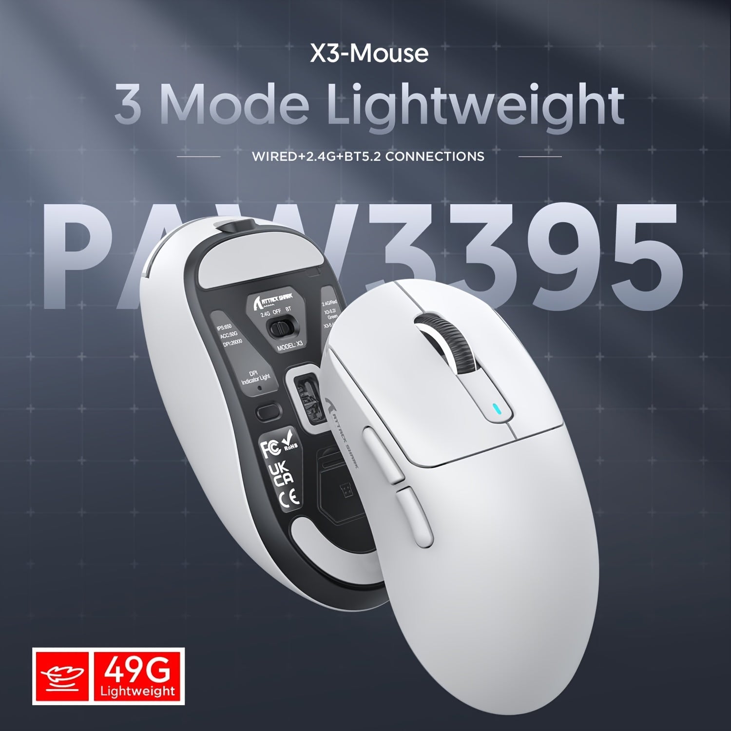 Superlight Gaming Mouse 49g Wireless Wired 26000 DPI White