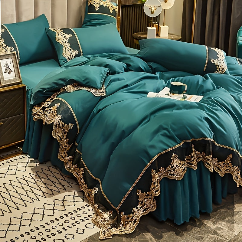 Green Lace Bedding Set with Quilt Cover and Pillowcases Solid Color All-Season Polyester