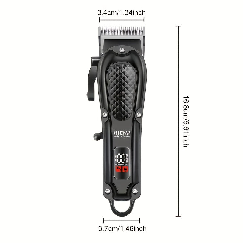 HIENA Erkaklar uchun parvarish to'plami LCD displey bilan - qayta zaryadlanadigan soch kesgich, soqol qirqish mashinasi va burun sochlari to'plami. USB zaryadlash, 1500mAh batareya, taroq hamda qo'shimchalar kiritilgan. Ideal Otalar kuni sovg'asi.