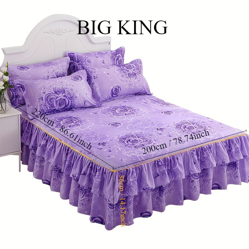 Set of 3 Tropical Floral Bedding Set with Lace Bed Skirt and Pillowcases Ruffled Edges Purple