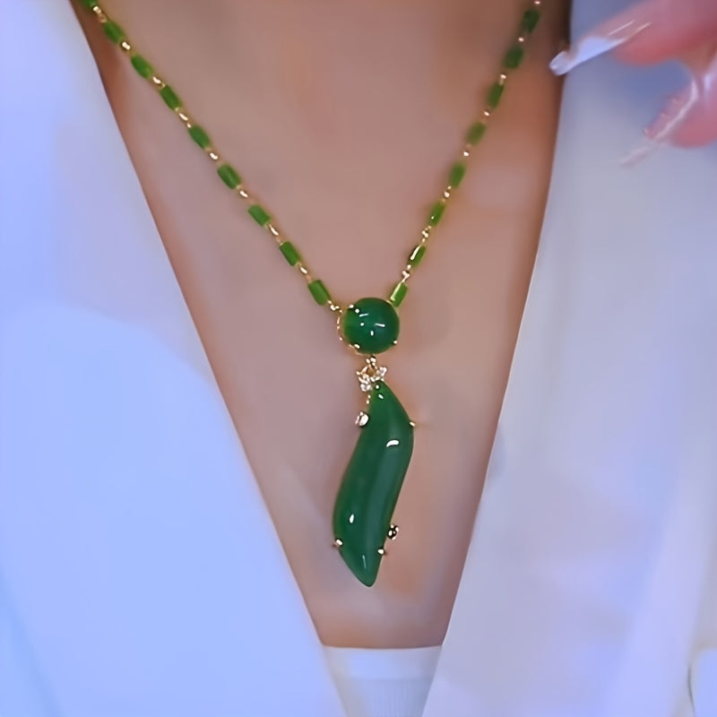 Green Bamboo Pendant Necklace for Women Gold-Tone Alloy Resin Beads Collarbone Jewelry