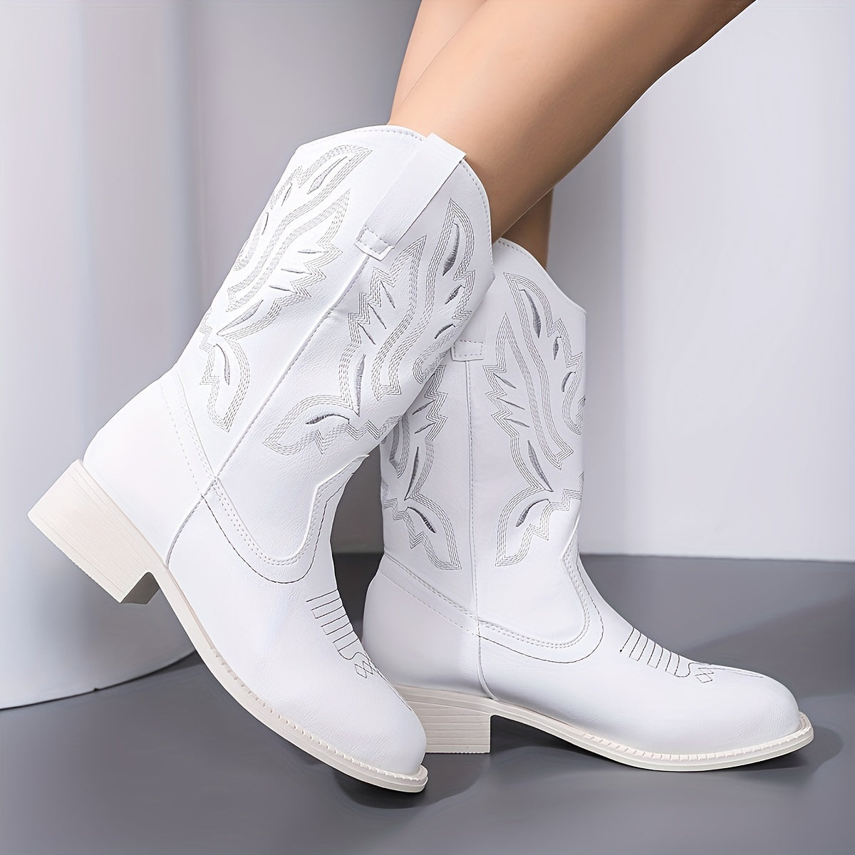 Women's Ankle Boots Floral Embossed PU Leather Wooden Heel Casual Footwear
