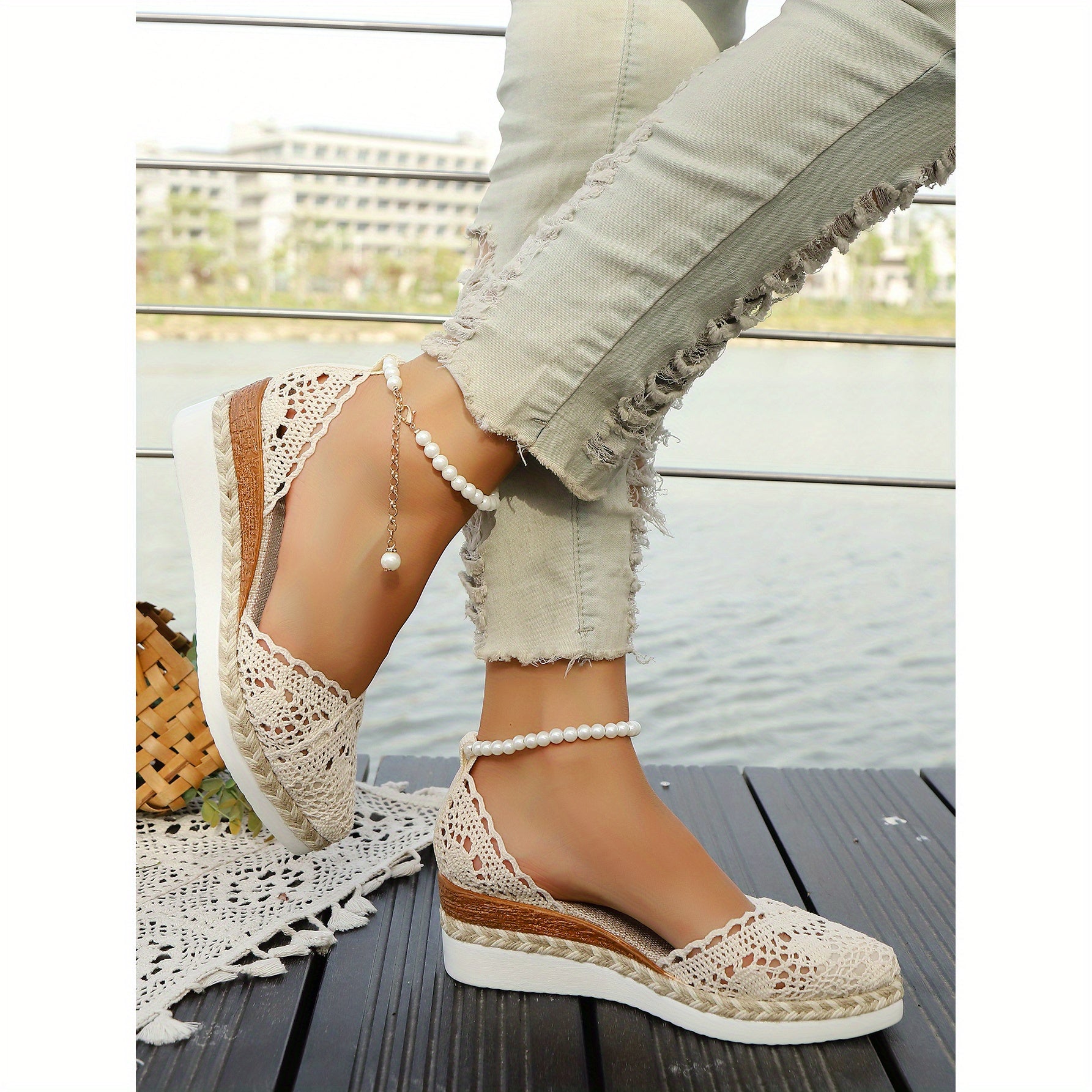 Women's Jute Wedge Sandals with Pointed Toe and Cushioned Heel