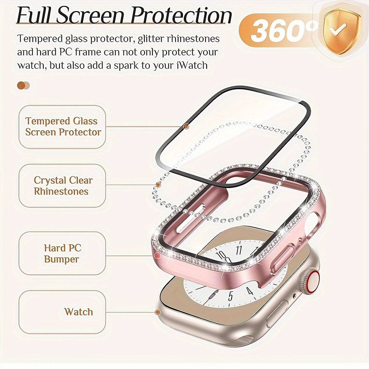 Women's Shiny Diamond PC Watch Shell with HD Hardened Glass Screen Protector for Apple Watch 40mm 44mm 45mm 49mm
