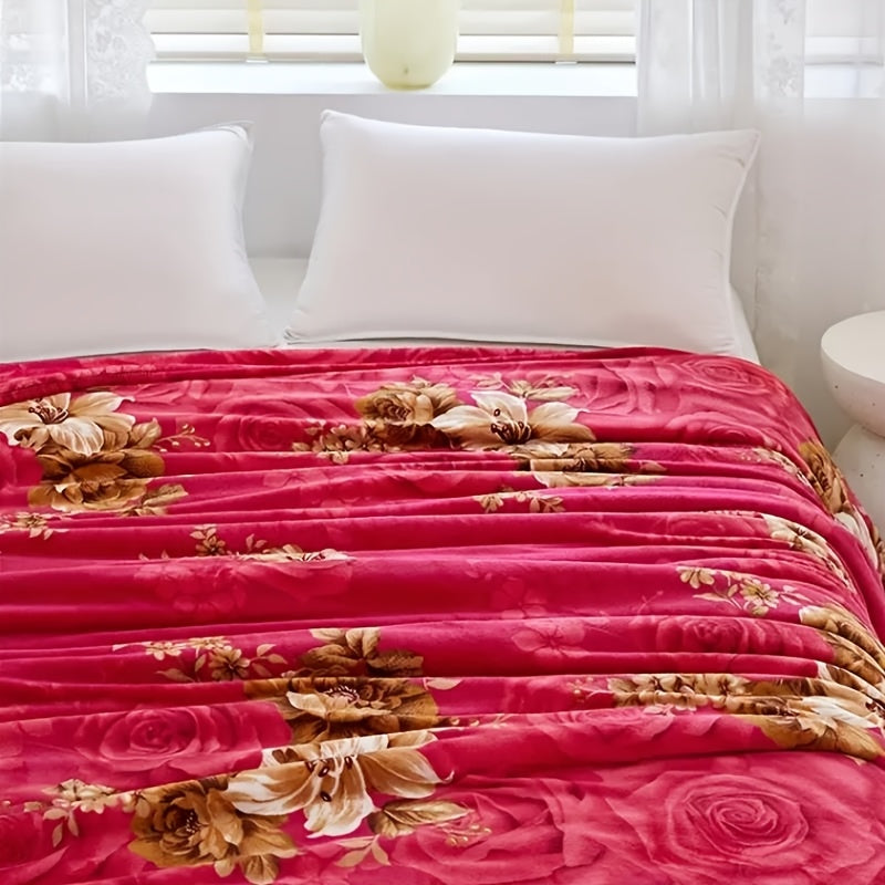 Red Flannel Bed Blanket with Woven Peony Pattern Polyester All-Season Comfort