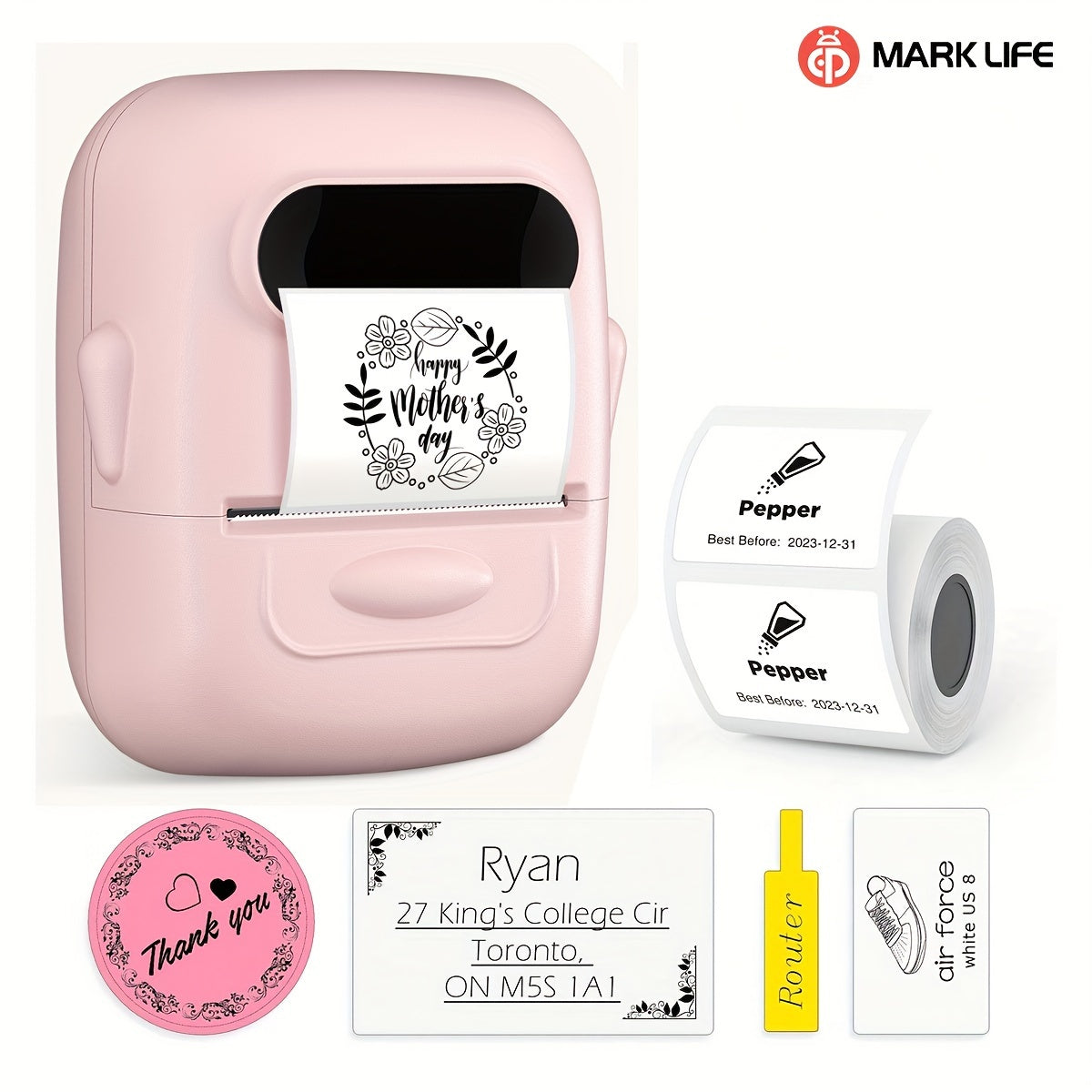 Makrlife P50 Termal Etiket Yozuvchisi, Barcode, QR Kodu, Zargarlik va Chakana Kiyim Teglari uchun Portativ Simsiz Printer; Android va iOS bilan mos keladi; 1 Rulon 40*30mm Oq Stickerni o'z ichiga oladi.