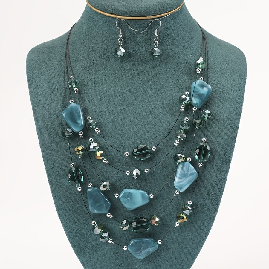 Boho Punk Jewelry Set Geometric Resin Beaded Necklace and Earrings for Women