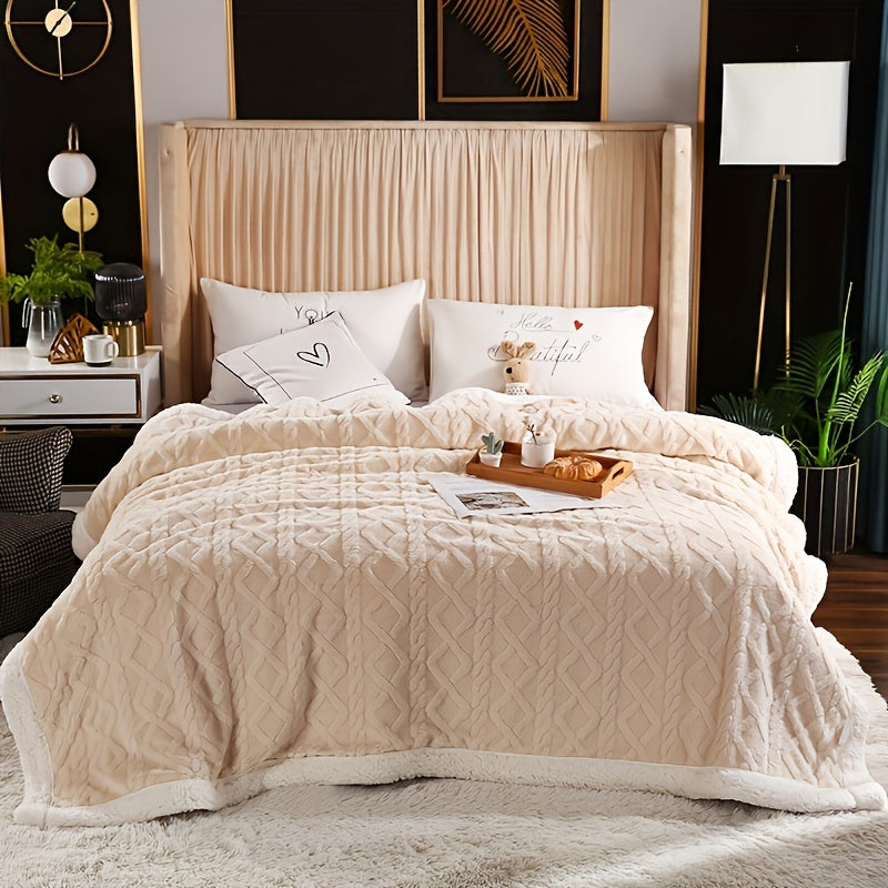 Reversible Sherpa Fleece Blanket for Sofa Bed Cozy Warm Embossed Taffeta Throw