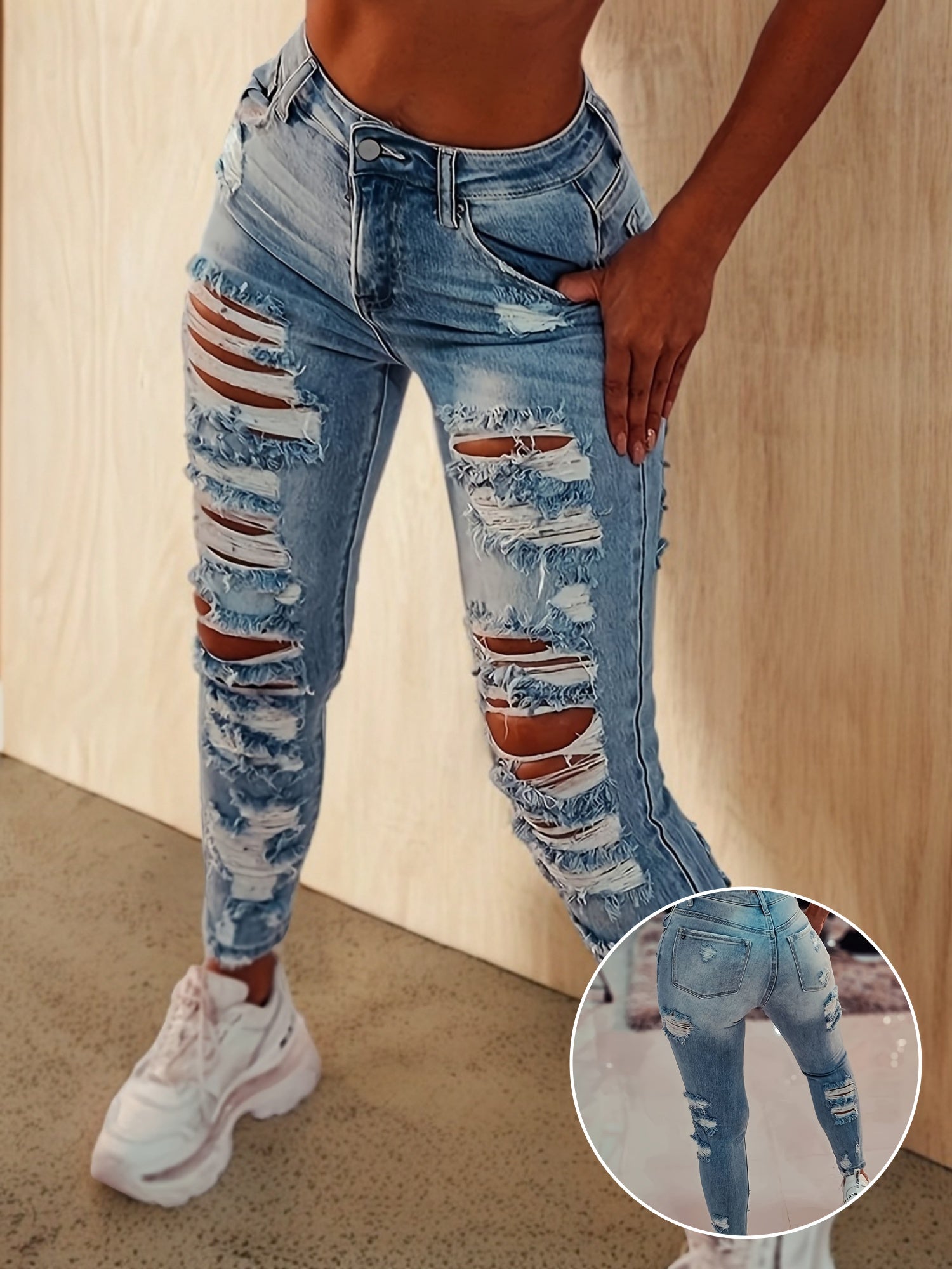 Ayollar uchun skinny yirtilgan jinsi shimlar, past bel, yuqori elastiklik, to'liq denim