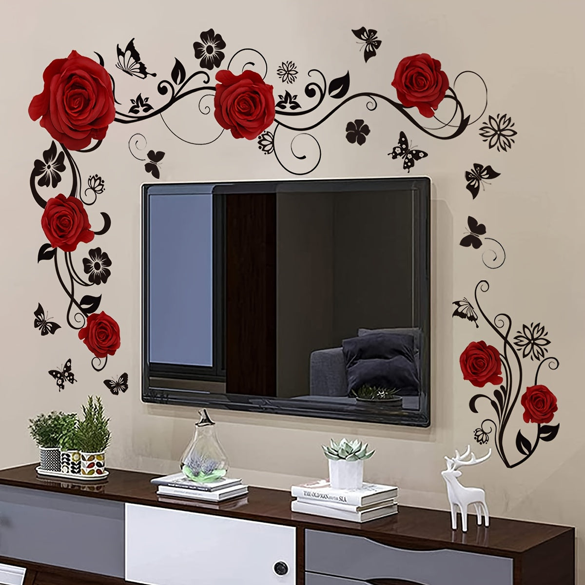 Butterfly Rose Wall Decal Reusable Self-Adhesive Sticker for Living Room Bedroom Decor