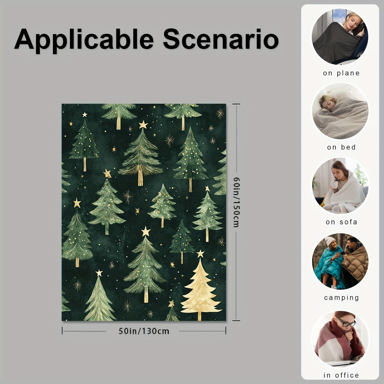 Green Christmas Tree Print Flannel Fleece Throw Blanket Soft Warm Machine Washable