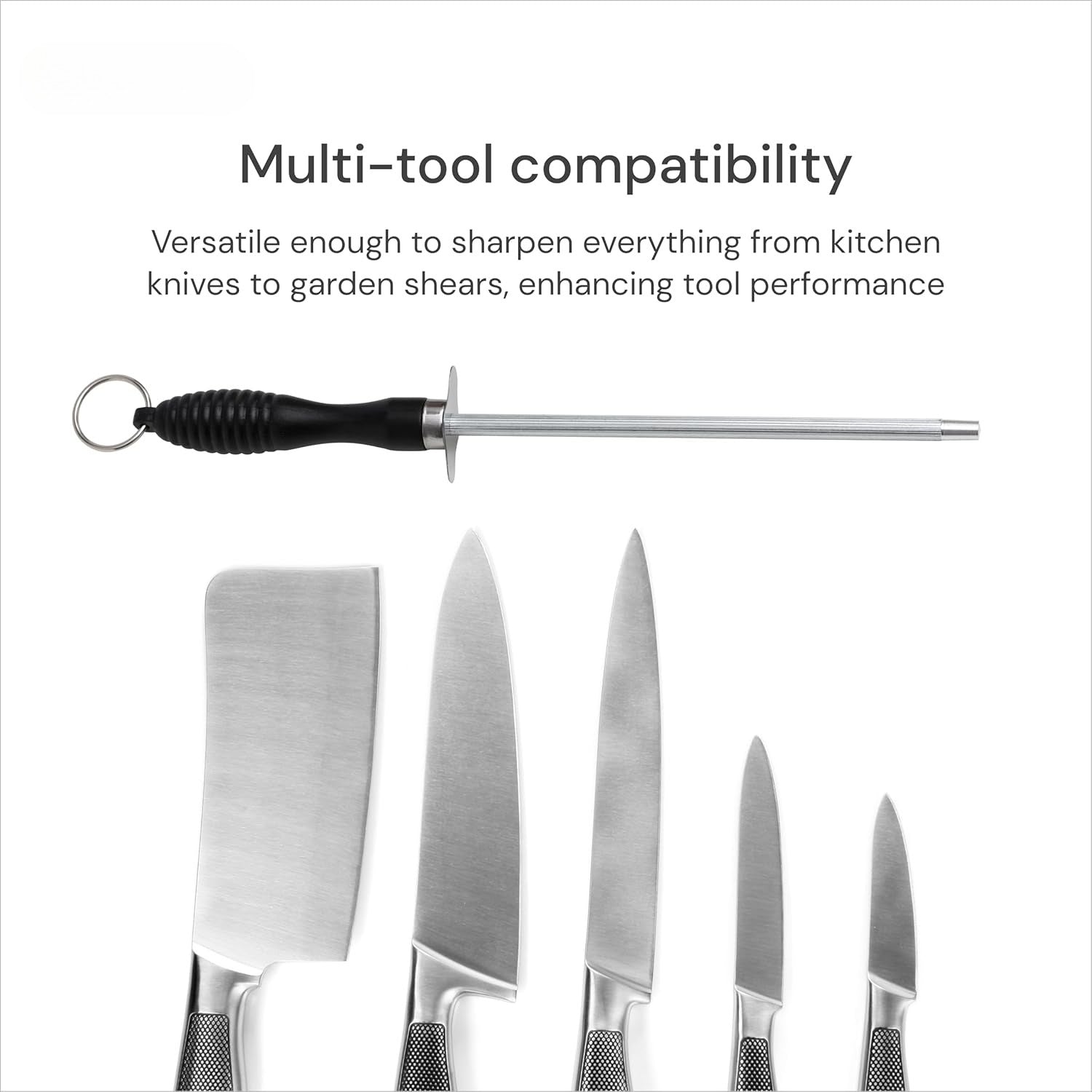 Kuchli oshxona, restoran va mehmonxonalarda professional pichoqni silliqlash uchun olmos qoplangan honing po'lat. Bardoshli dizayn, tezki qirralarni tiklash va yopishmaydigan tutqich bilan.