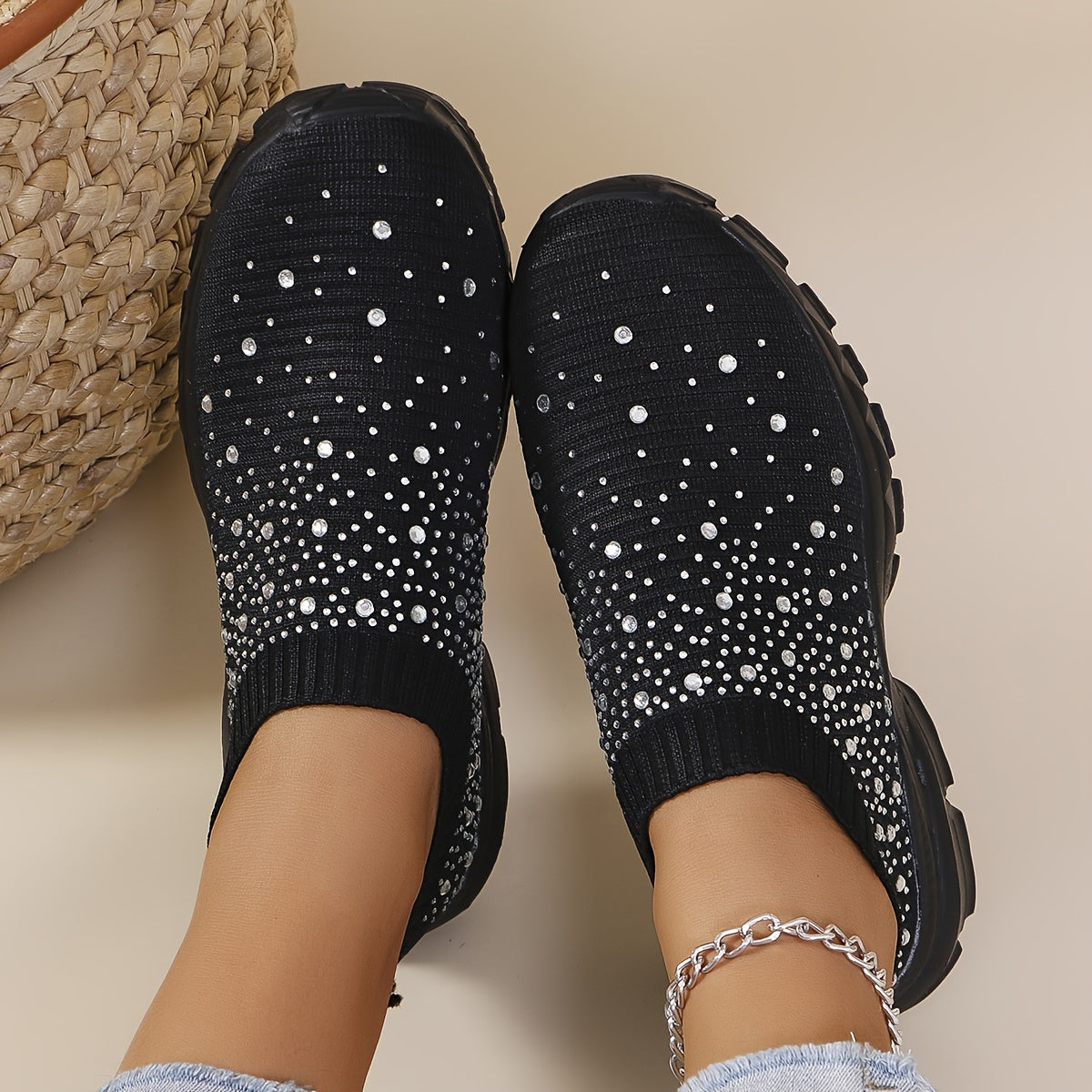 Women's Slip-On Sneakers with Rhinestone Embellishments Fabric Upper EVA Sole