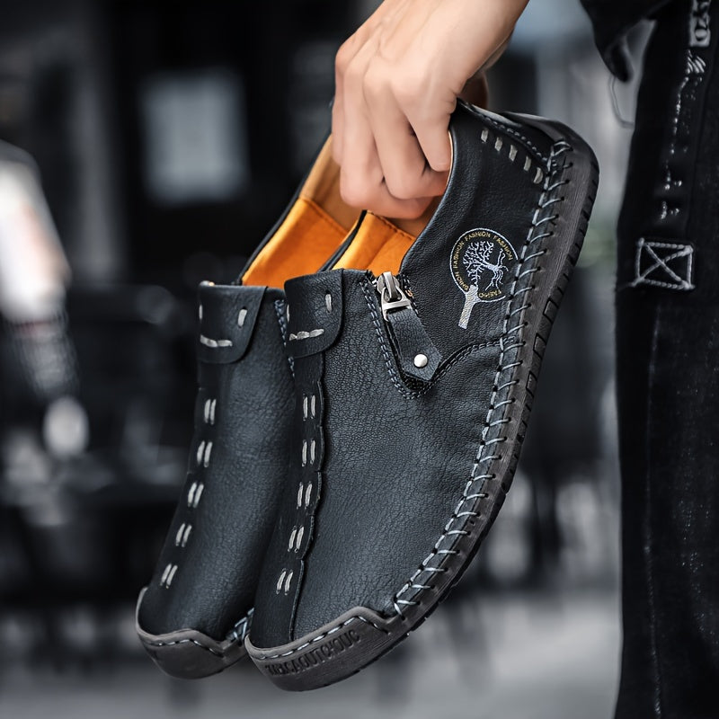 Men's Leather Zipper Loafers Slip-On Casual Shoes for Spring Summer Non-Slip Round Toe