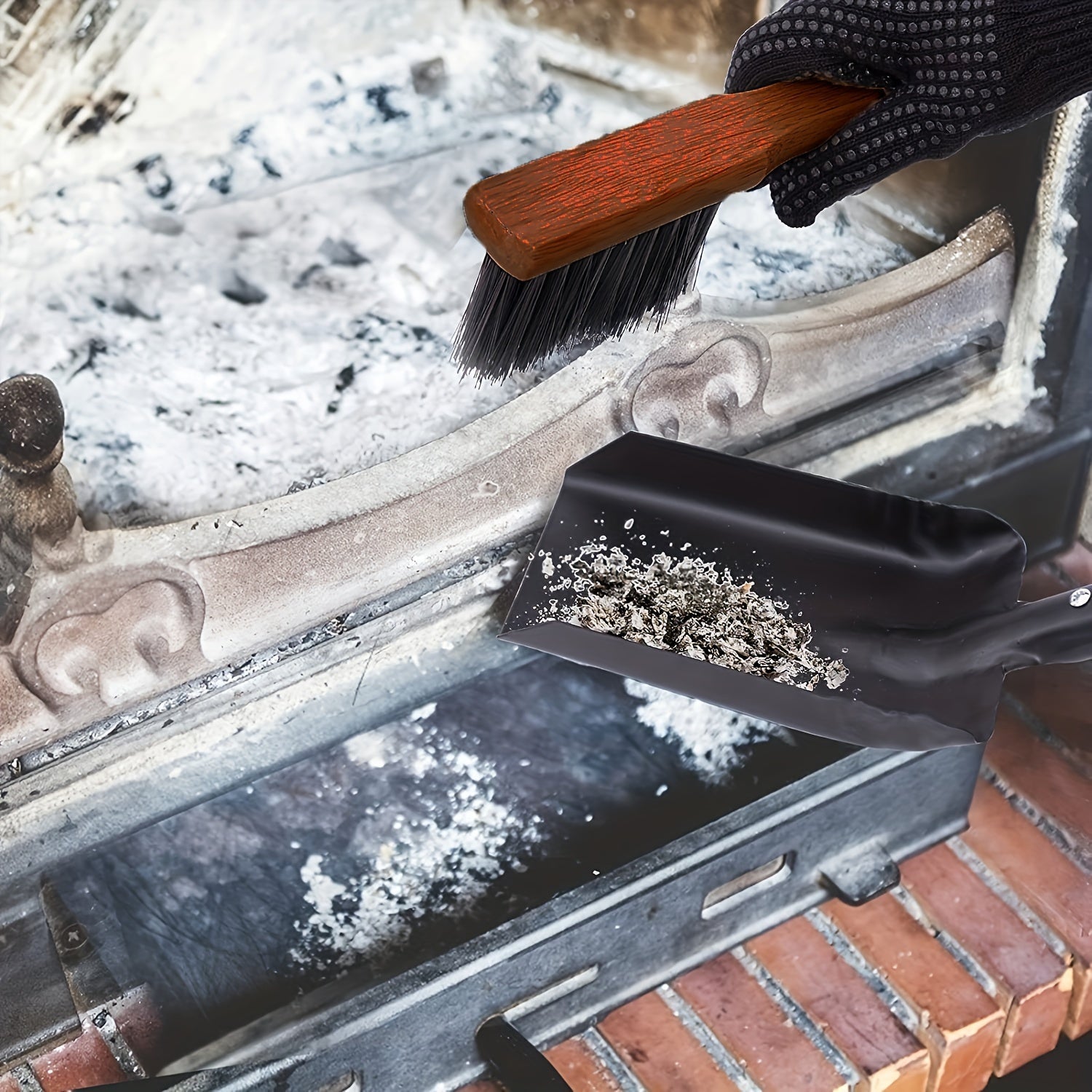 Fireplace Cleaning Kit with Metal Ash Shovel Brush Gloves 5 Pieces