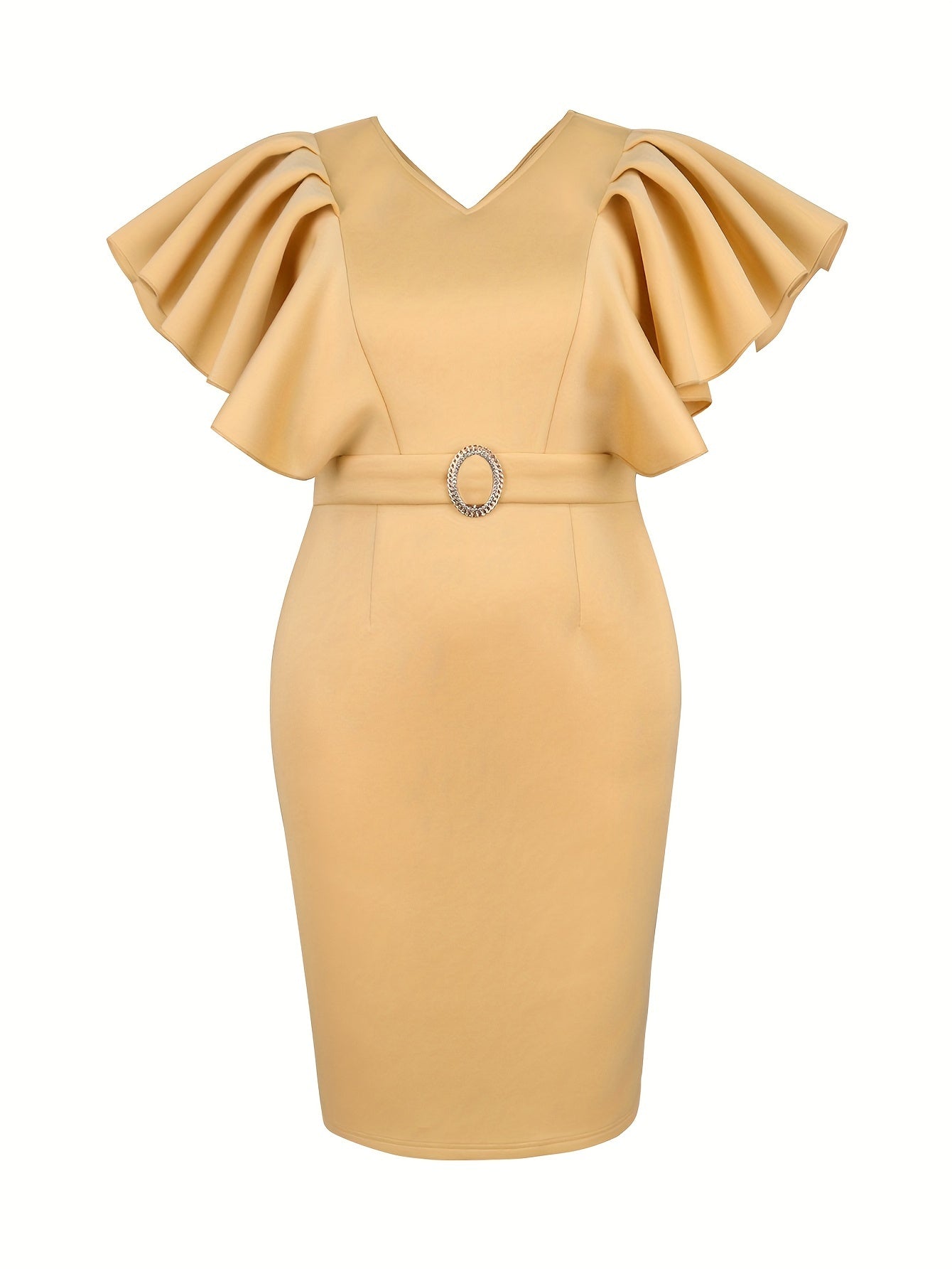 Plus Size Solid Flutter Sleeves Bodycon Dress V-Neck Knee Length Party Wear