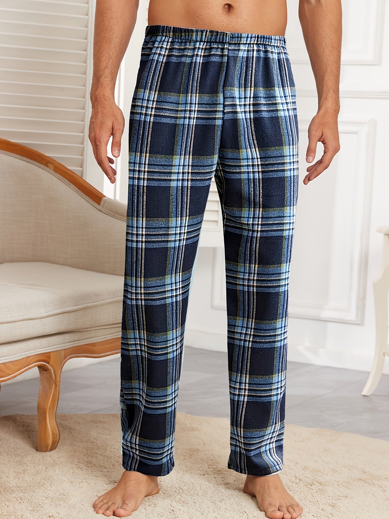 Men's Plaid Lounge Pants Fall Winter Polyester Blend Elastic Waist Casual Sleepwear Blue and White