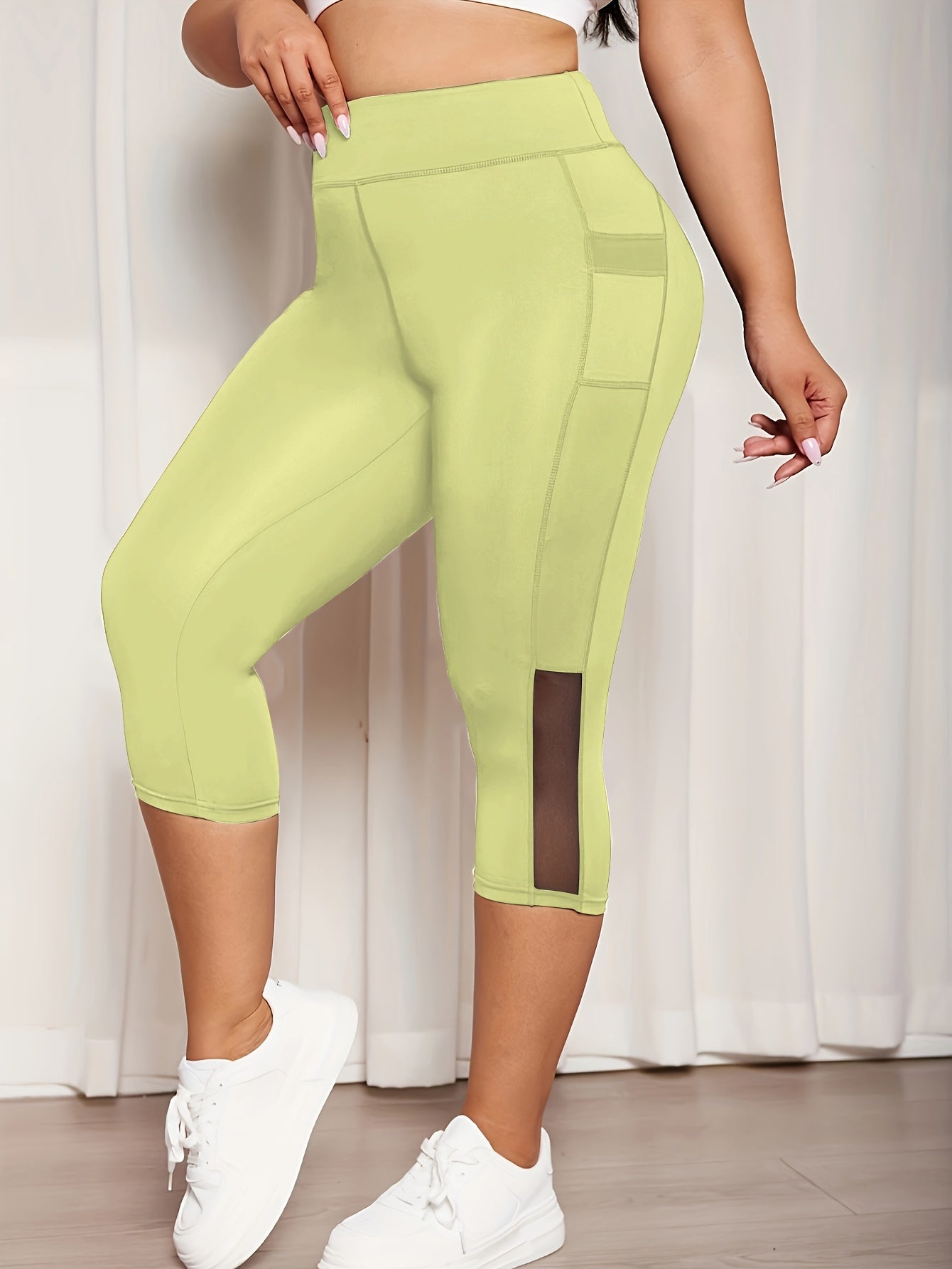 Women Plus Size High-Waisted Leggings with Mesh Panel and Pockets