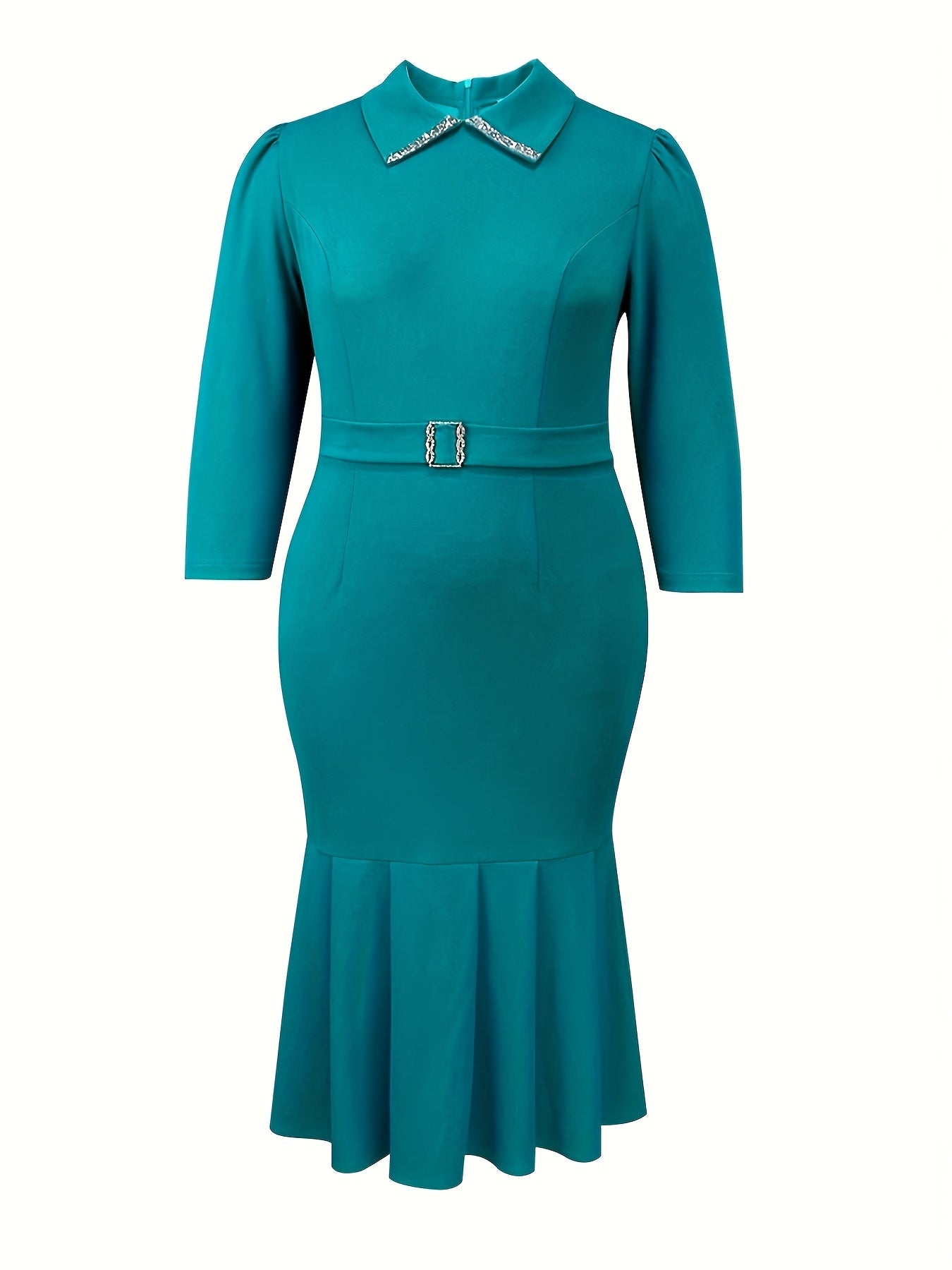 Ladies Midi Bodycon Dress Long Sleeve Solid Color Slim Fit Polyester