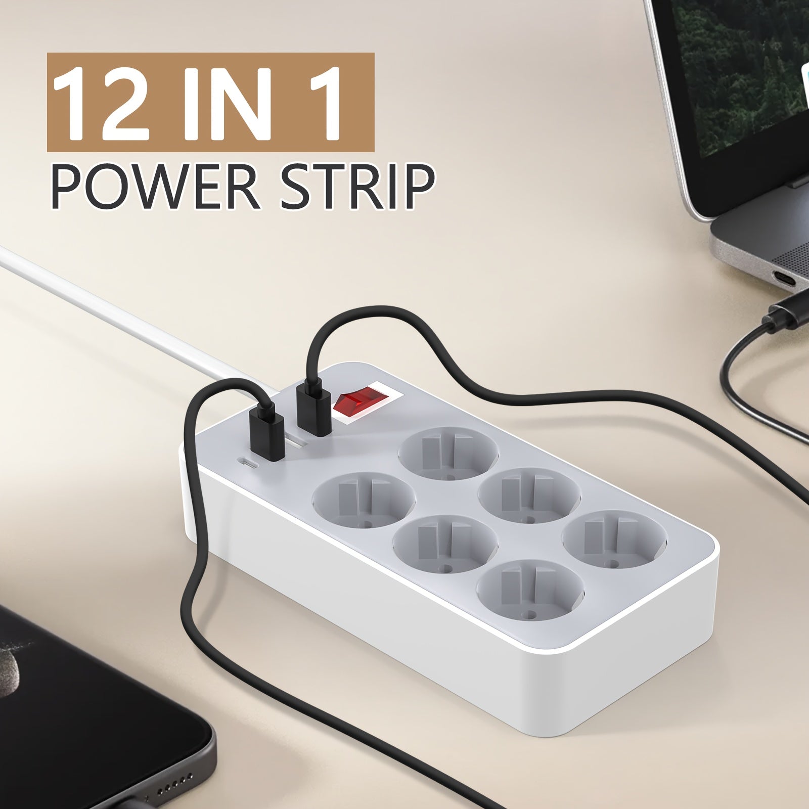 6 ta AC rozetkasi, 3 ta USB va 1 ta Type-C porti bilan quvvat taxtasi, uy, ofis va yotoqxona uchun.