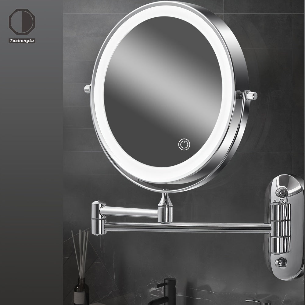Wall-Mounted LED Makeup Mirror with Double-Sided Magnification 1X/10X Adjustable Brightness Chrome Frame