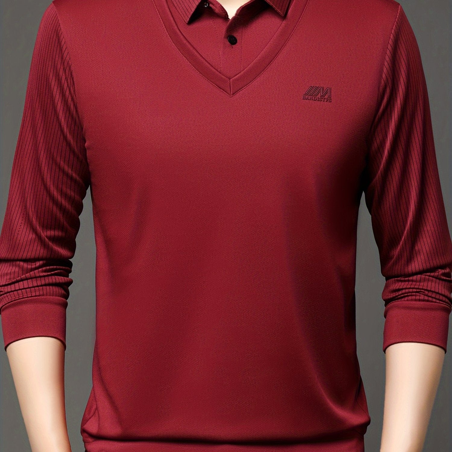 Chiziqli Erkaklar Golf Ko'ylagi, Soxta Ikki Qismli Dizayn, Bahor va Kuz Tashqi Kiymish uchun Uzun Qoltiq Ko'ylak