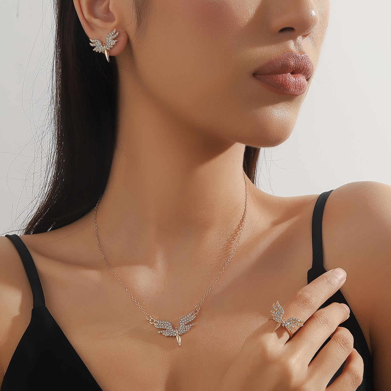Women's Angel Wing Jewelry Set Gold Tone Black Accents Necklace Earrings Ring Gift for Women