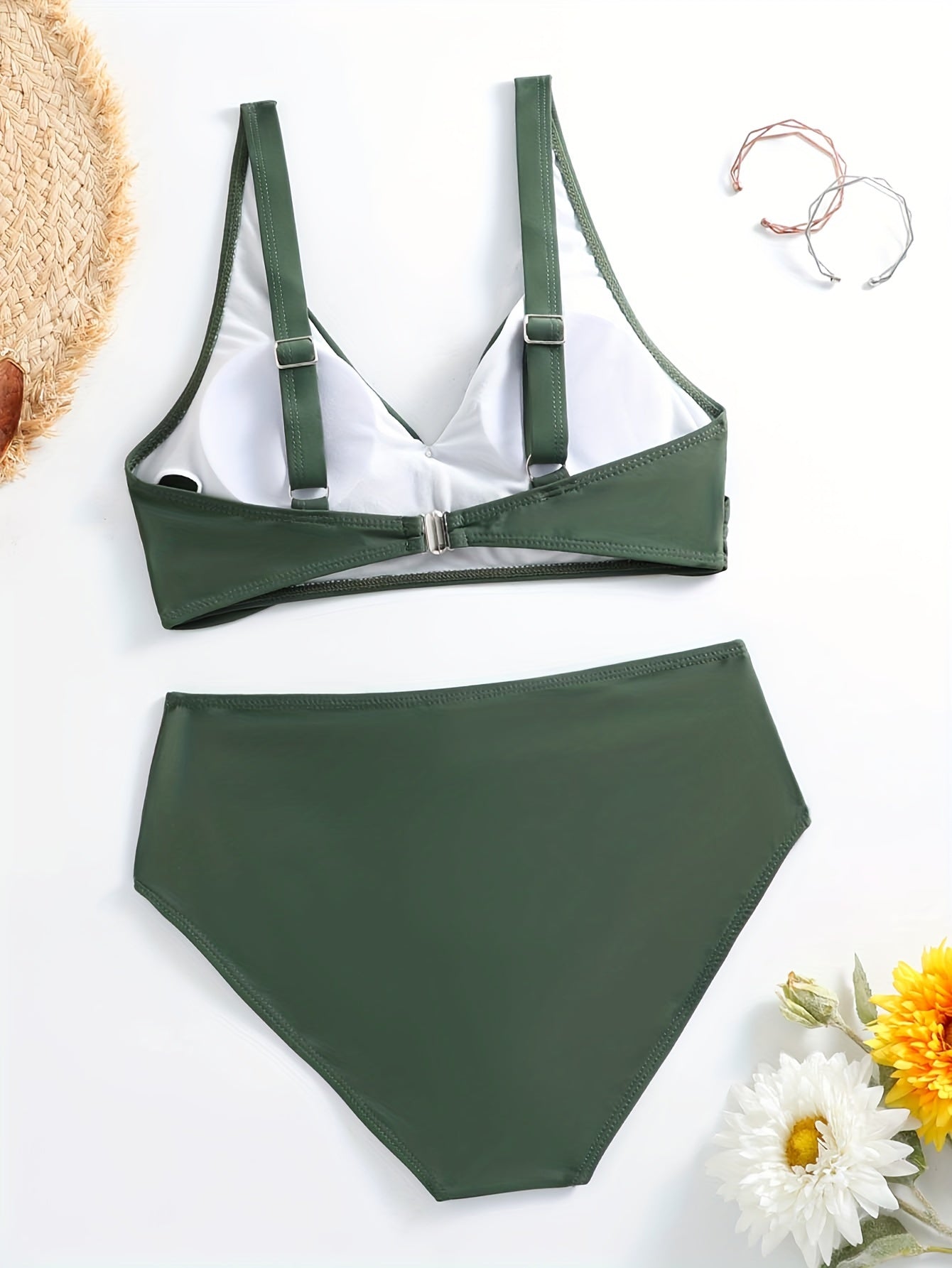 Women's Cross Chest Bikini Set with Adjustable Straps Solid Color High Stretch Swimsuit