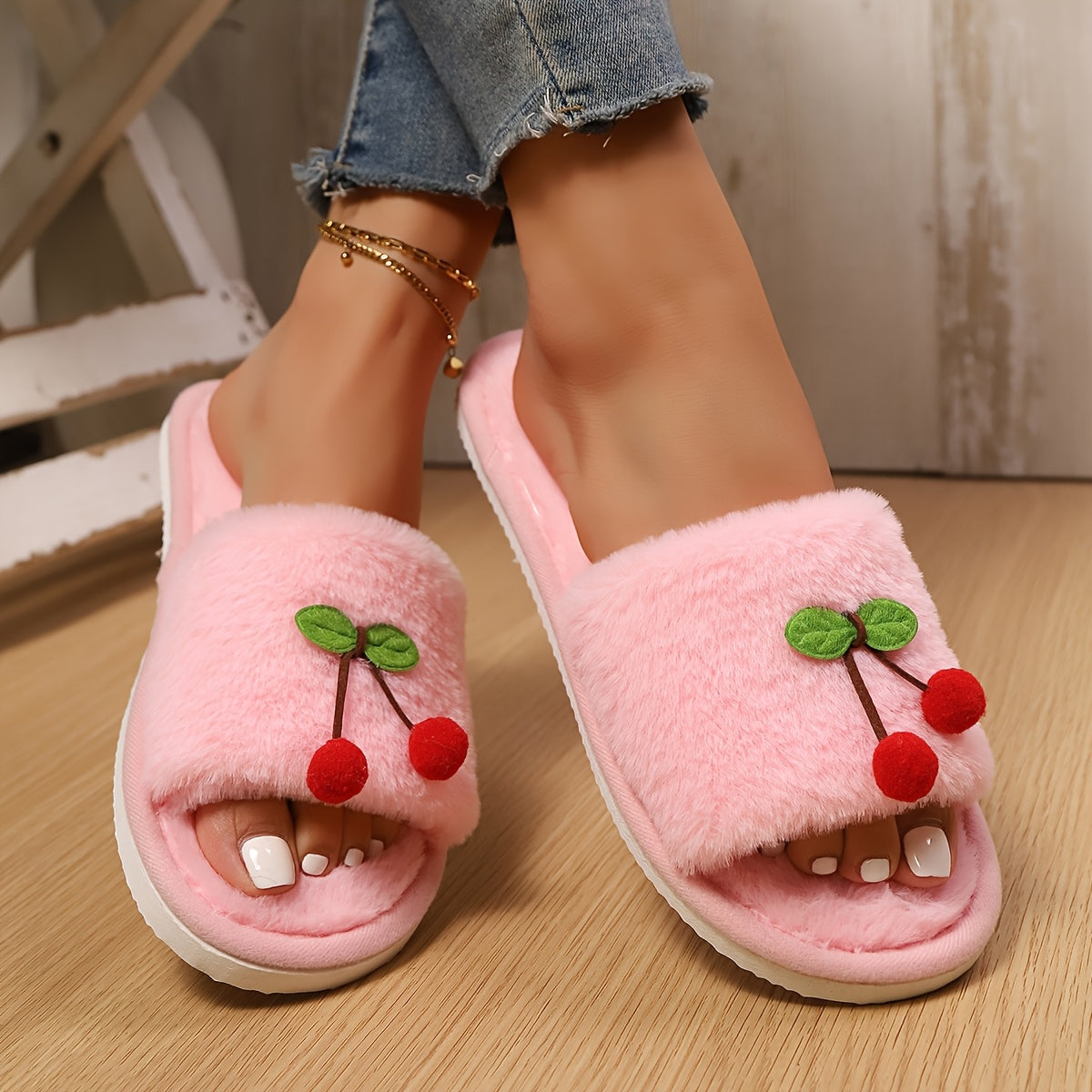 Women's Cherry Slip-On Indoor Slippers Soft Sole Lightweight Comfortable
