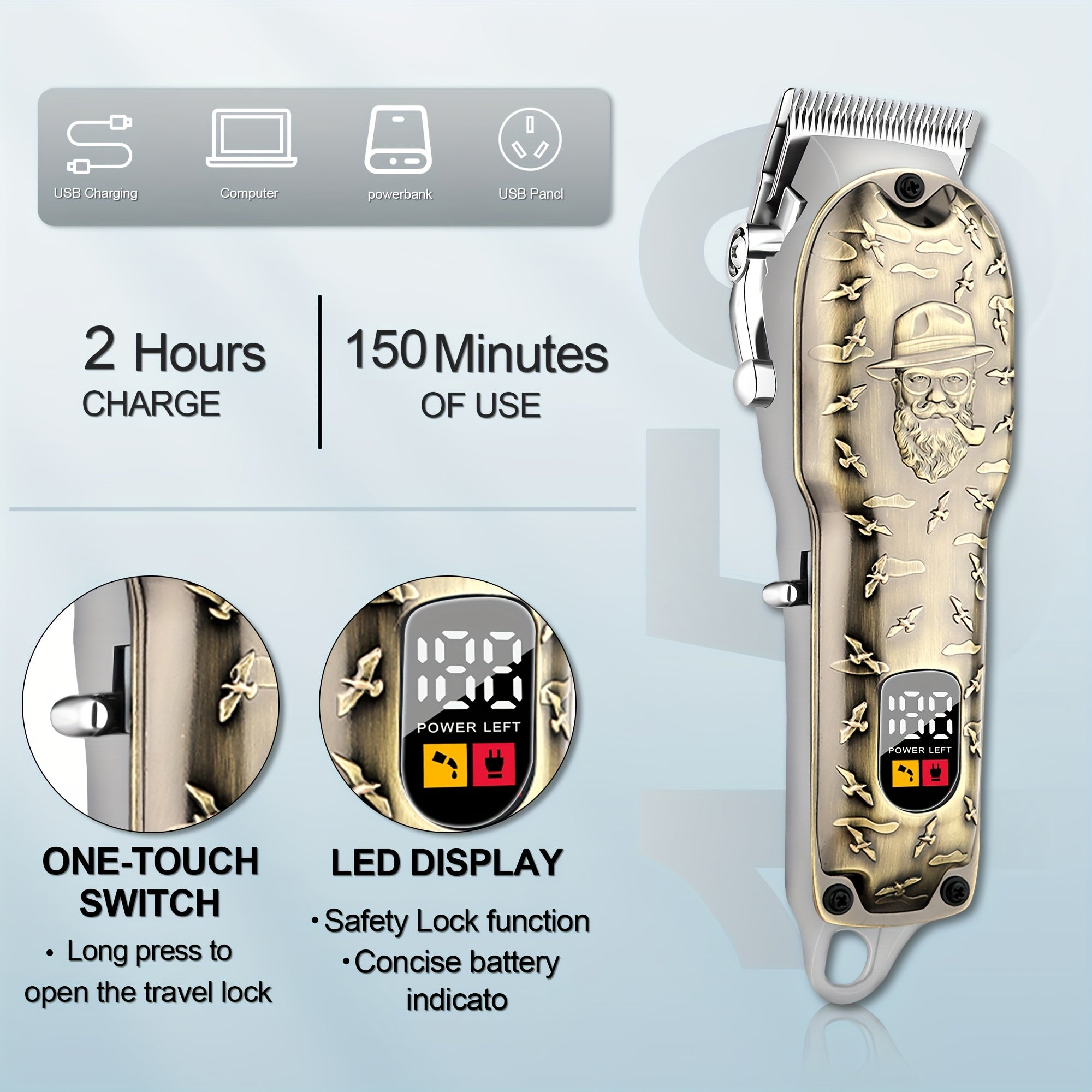 Set de cortapelos profesional con cuchilla de acero inoxidable, batería de litio recargable, carga USB, pantalla digital, operación inalámbrica, cuerpo de aleación de zinc