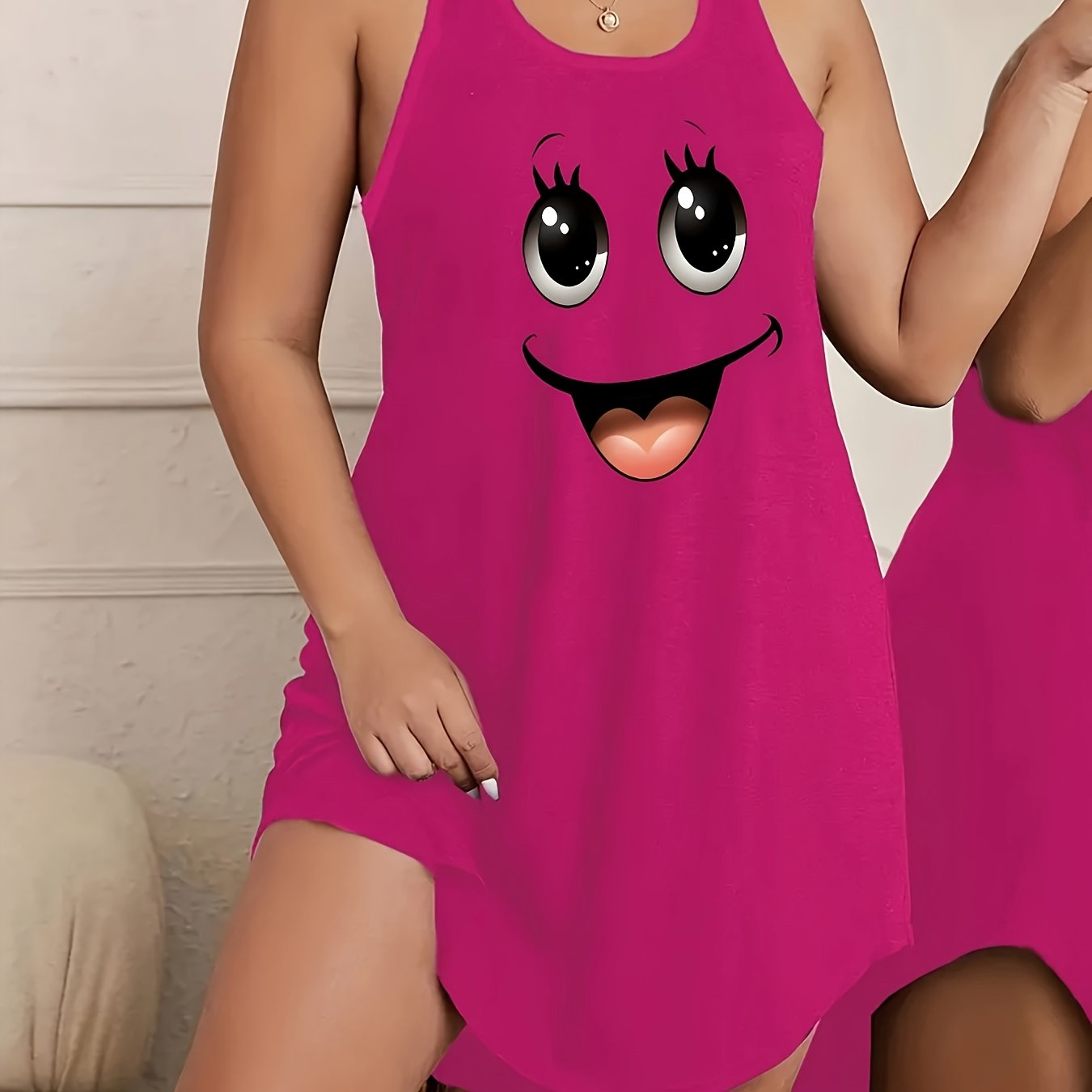 Plus Size Women's Sleepwear Nightgown Blue Face Print Casual Stretchy Sleep Dress